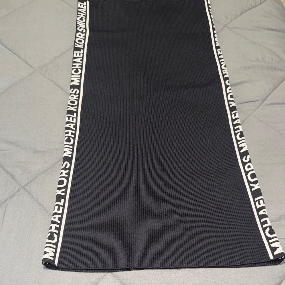 Michael Kors Black Ribbed Pencil Skirt with White Logo Trim